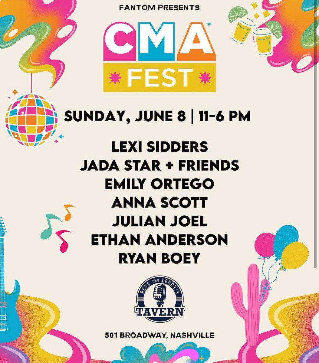 HEY Y’ALL IT’S CMA FEST WEEK 🩷💛 I’m playing ALL weekend so make sure to stop by and celebrate country music with me!! See below for more details or visit annascottmusic.com 

CMA Fest Fantom Presents Freebird Stores Pete &amp; Terry's Tavern