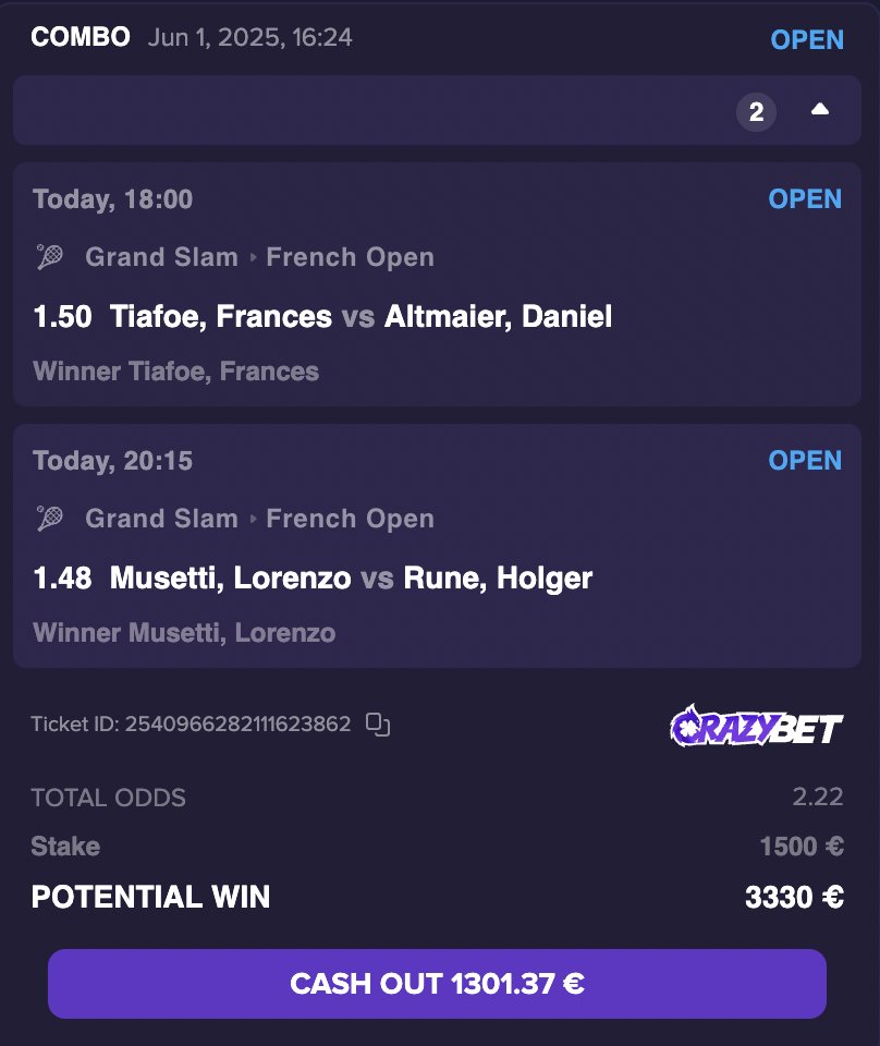 Kawajnr's tweet image. FUCK j'ai oublié de vous post.

💎BET N°12 Roland-Garros💎

Tiafoe + Musetti = 2.22 🍀

100€ dans les RT si ça passe l'équipe ! GL 🍀