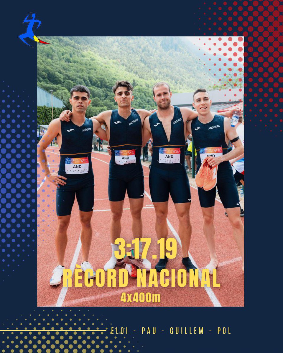 📣 RÈCORD‼️ 

Tenim tantes coses que celebrar que encara no us havíem explicat que l’equip del relleu 4x400 ahir als JPEE va millorar el RN🇦🇩 amb una marca de 3:17.19
Grans Eloi, Pau, Guillem i Pol