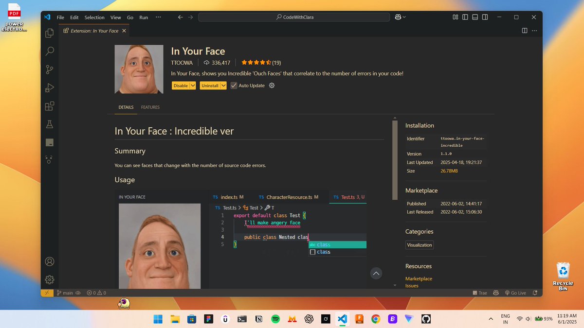 thesibaram_cla's tweet image. Python was the language.
But VS Code? The cool vibe.
With #Python, #Jupyter &amp;amp; #GitLens, coding felt like art. 🎨
But with #InYourFace 🗿—it felt alive!

Bugs changed the face🗿. I fixed them without AI ‘til it smiled again. ☺️
Thanks @code 💙
#VS50M #sweepstakes