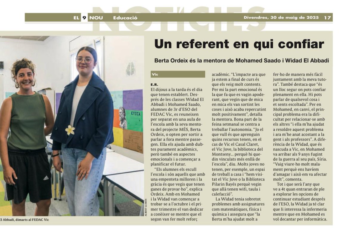 Projecte Mentoria a Educació Secundària de <a href="/fundacioacm/">@fundacioacm</a> i <a href="/UVic_FETEP/">FETEP - UVic</a> a el <a href="/el9nou/">El 9 Nou</a>