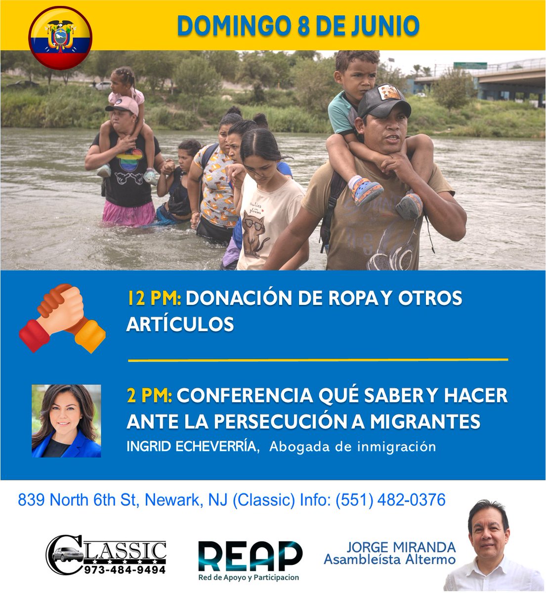 El próximo domingo 8 de junio tendremos dos actividades:

- 12 PM: Donación de ropa y otros artículos a las 12 PM
- 2 PM: Conferencia: Qué saber y hacer ante la persecución a migrantes con la abogada de inmigración Ingrid Echeverría (<a href="/Iecheverriaa/">Ingrid Echeverria</a>)

Lugar: 839 North 6th St,