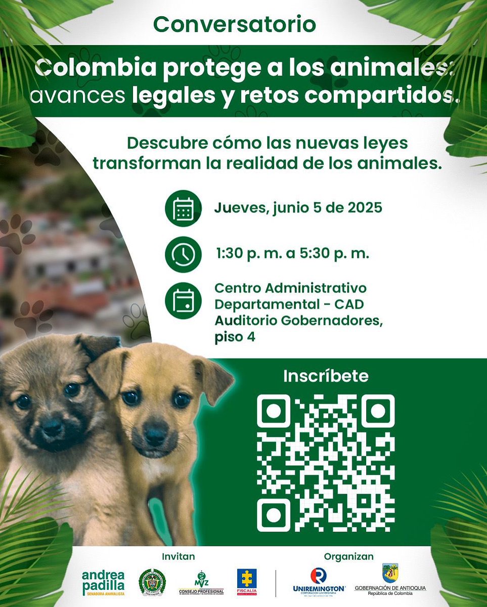 Participa del conversatorio “Colombia protege a los animales: avances legales y retos compartidos”, un espacio académico y de diálogo interinstitucional donde se abordarán los avances normativos, científicos y éticos en la protección animal 👌🐕🐾.
