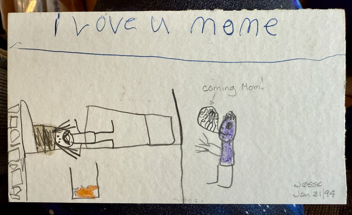 My nephew drew this at 8 yrs old showing my sister sick in bed and little Jesse rushing to help her. It’s heartbreaking how migraines affect not only the person, but the people closest to them too. My sister took her own life in 2023 to end her pain ❤️‍🩹 #migraineawarenessmonth
