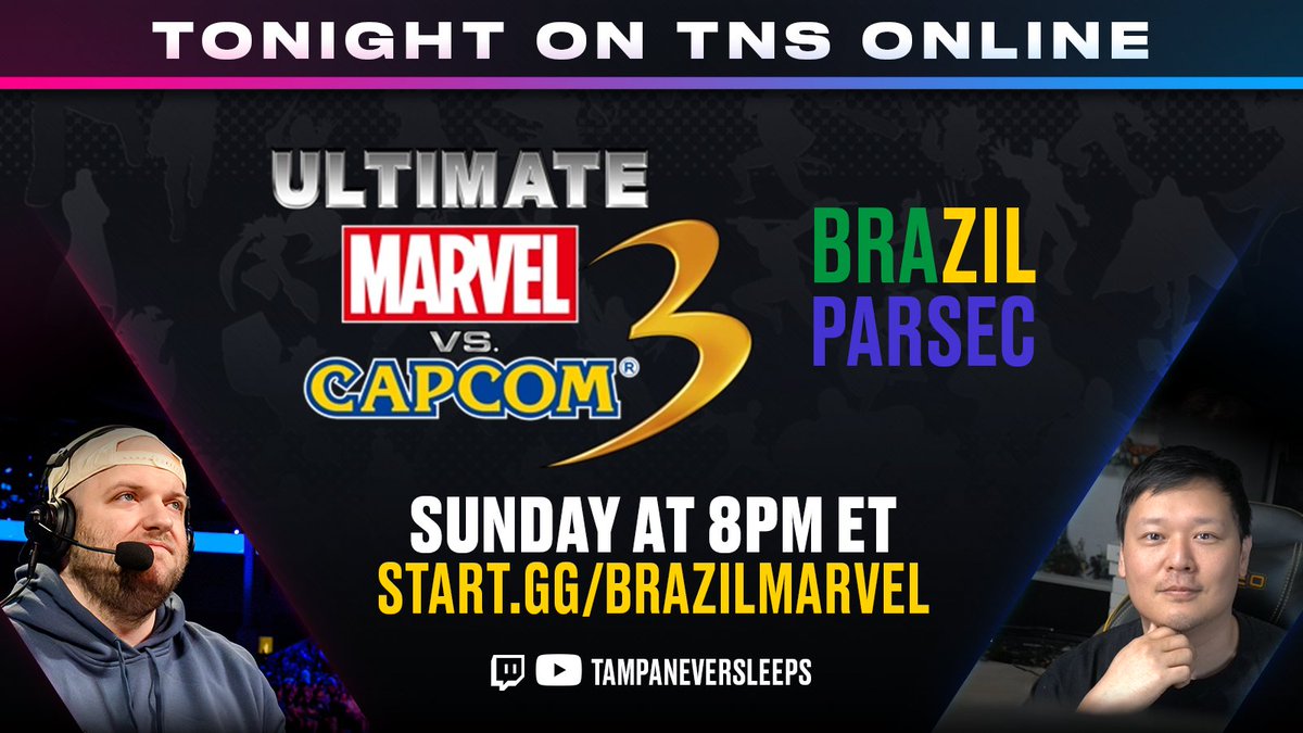 It's Sunday... Get ready for our Featured Game of the Week, #UMvC3 #Brazil Parsec 🇧🇷
<a href="/TongNeverSleeps/">Tong @ CEO 2025</a> and <a href="/ProXYTCG/">TNS ProXY</a> hold it down on the mic for all the action tonight, register now!

Bracket begins at 9pm Brasilia Time 🕘