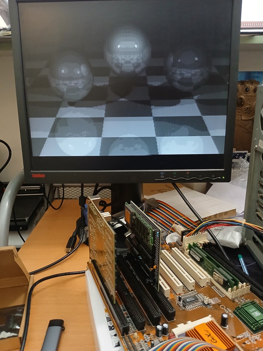 nanochess's tweet image. This weekend I was busy coding the input/output portion in MS-DOS for my transputer ISA board. And guess what? Now my Pascal compiler works and the Ray Tracer. It is also compatible with an Inmos B004 board. Uploaded to my git 😉 #retro #transputer