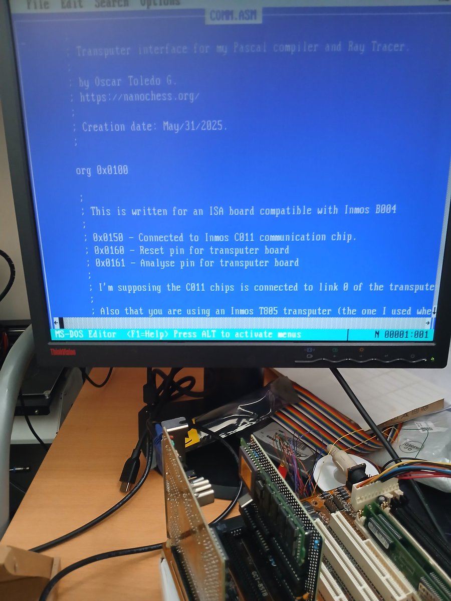 nanochess's tweet image. This weekend I was busy coding the input/output portion in MS-DOS for my transputer ISA board. And guess what? Now my Pascal compiler works and the Ray Tracer. It is also compatible with an Inmos B004 board. Uploaded to my git 😉 #retro #transputer