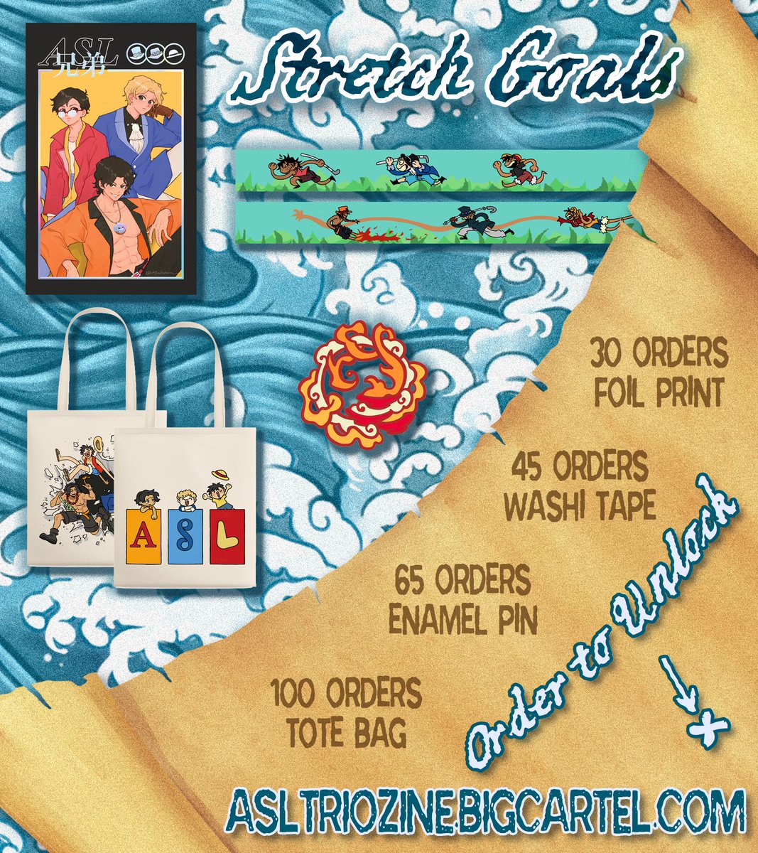 ⭐ Store | asltriozine.bigcartel.com

Stretch Goals

⭐️30 orders - 5” x 8” Holo Foil Print by <a href="/madishon_/">madie🐣</a> 
⭐️45 orders - 15 mm x 370 mm Washi Tape by @sadblucacti 
⭐️65 orders - 1.25” x 1.25” Enamel Pin by <a href="/hgatoart/">Mitxi - SHOP OPEN</a> 
⭐️100 orders - Double-sided Tote by <a href="/weiyiswy/">Kata @ store open!</a>