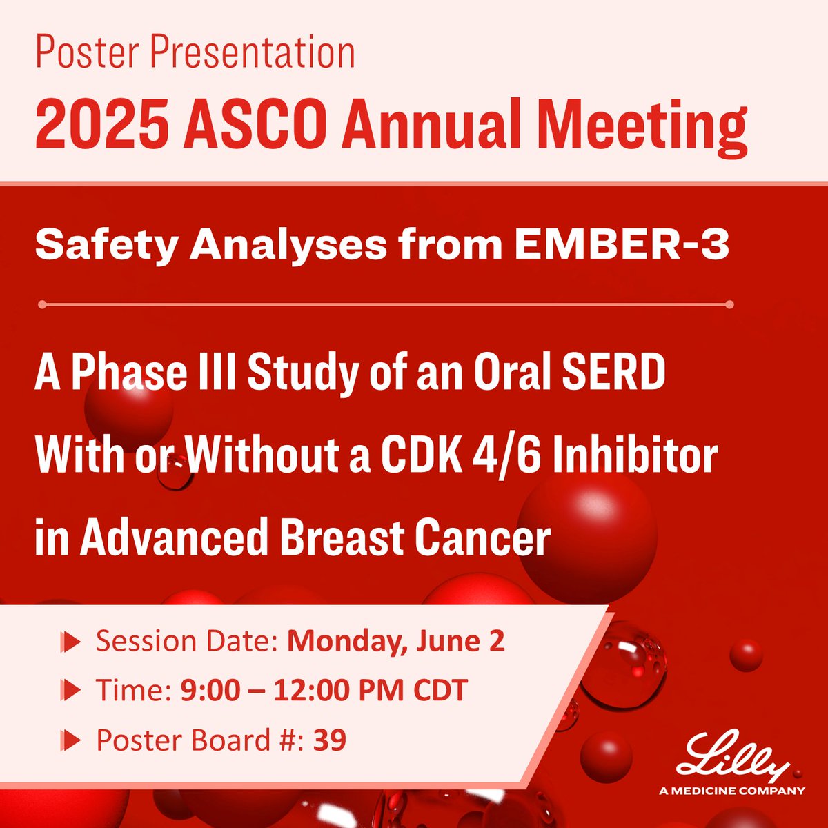 LillyOncMed's tweet image. At #ASCO25, see analyses of the safety data from EMBER-3, a phase III study evaluating an oral #SERD as monotherapy and in combination with a CDK 4/6 inhibitor in ER+, HER2- advanced #BreastCancer.
Learn more here: e.lilly/3SuulYf
#BCSM #CancerResearch