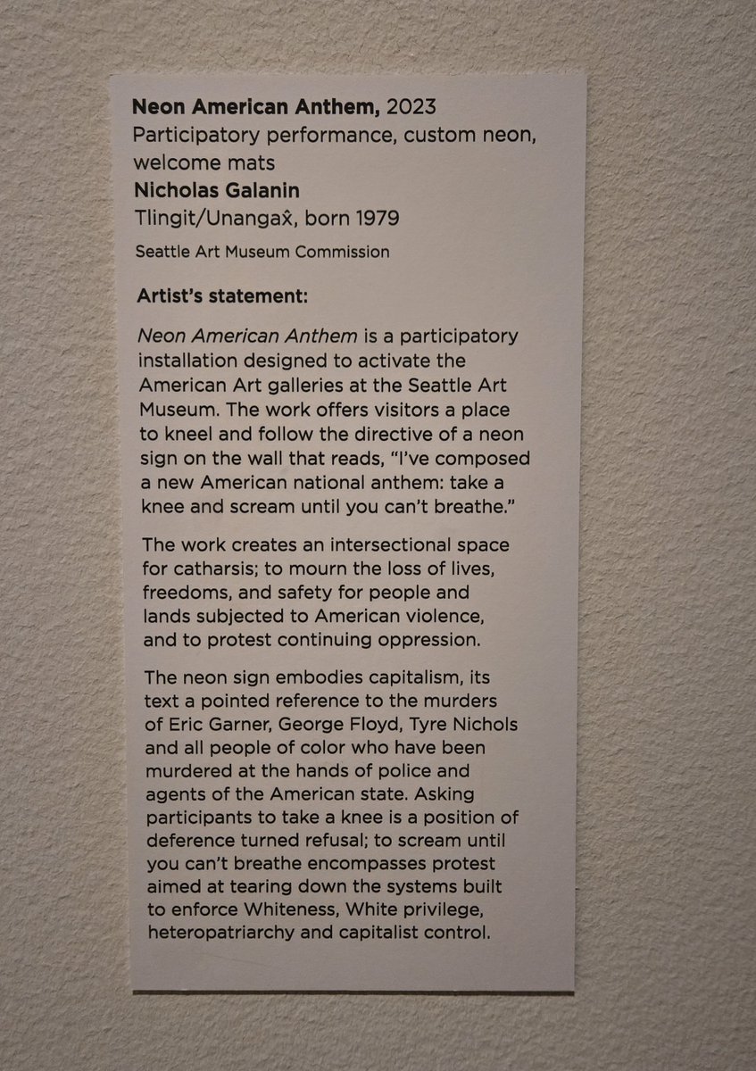 2023 "Neon American Anthem" interactive installation at the Seattle Art Museum by Tlingit/Unangax artist Nicholas Galanin. He suggests a new national anthem of cathartic screaming. Visitors are allowed to kneel and scream. #alaskahistory #alaska