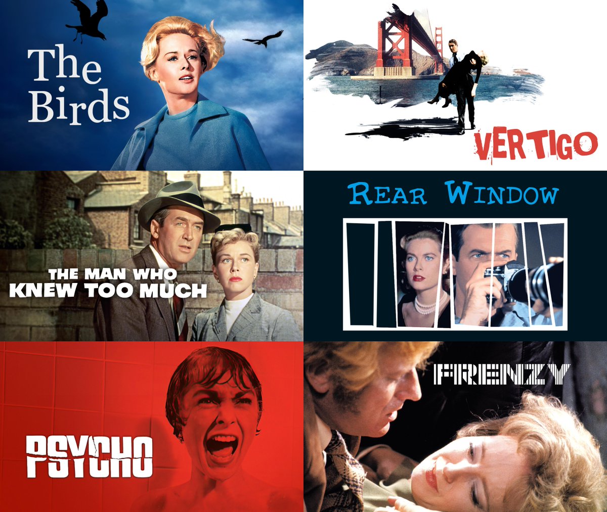 The Birds 
Vertigo
The Man Who Knew Too Much
Rear Window
Psycho
Frenzy
Family Plot

The Alfred Hitchcock collection including these films plus works inspired by him just dropped on Netflix netflix.com/hitchcock