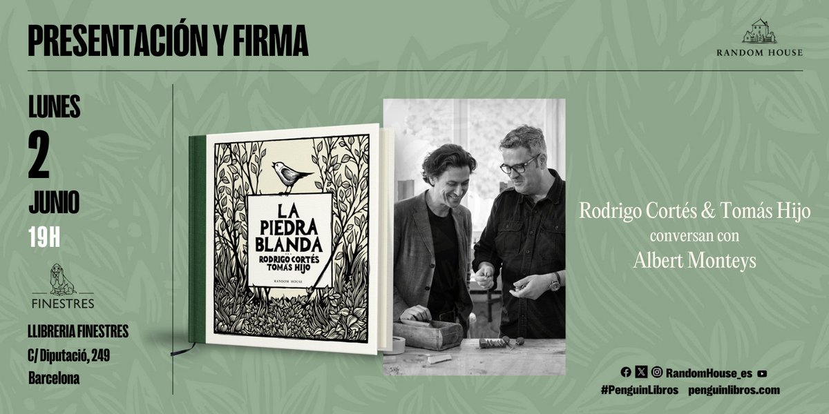 Random House ES (@randomhouse_es) on Twitter photo ✨ Mañana lunes 2 de junio, cita imprescindible en Barcelona.
Presentamos 'La tierra blanda' en <a href="/Ll_Finestres/">Llibreria Finestres</a> a las 19H.
<a href="/rodrigocortes/">Rodrigo Cortés</a> y <a href="/tomashijo/">Tomás Hijo</a> conversan con Albert Monteys.
¡Os esperamos con muchas ganas! ✨ Mañana lunes 2 de junio, cita imprescindible en Barcelona.
Presentamos 'La tierra blanda' en <a href="/Ll_Finestres/">Llibreria Finestres</a> a las 19H.
<a href="/rodrigocortes/">Rodrigo Cortés</a> y <a href="/tomashijo/">Tomás Hijo</a> conversan con Albert Monteys.
¡Os esperamos con muchas ganas!