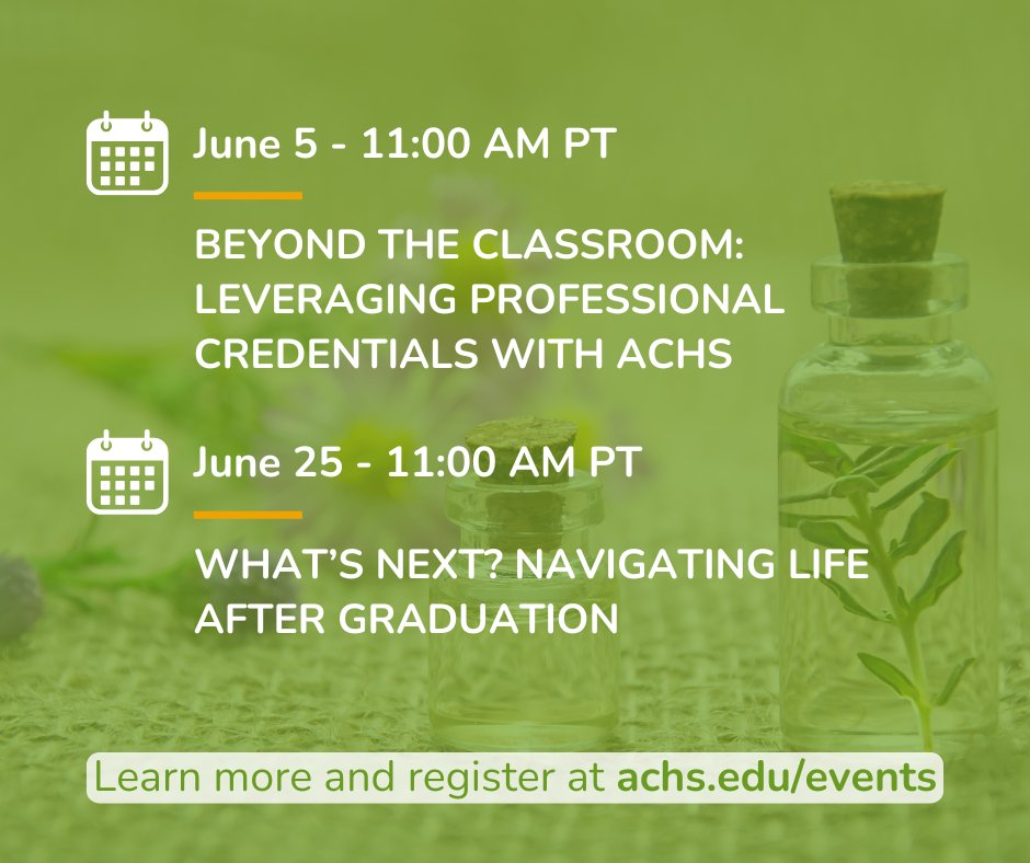 💻Join us in June for two ACHS webinars!
📅 June 5, 11A M PT "Beyond the Classroom: Leveraging Professional Credentials with ACHS"
📅 June 25, 11 AM PT: "What’s Next? Navigating Life After Graduation"
🔗 Register: hubs.li/Q03pk-M50
#ACHSWebinars #LifeAfterGraduation