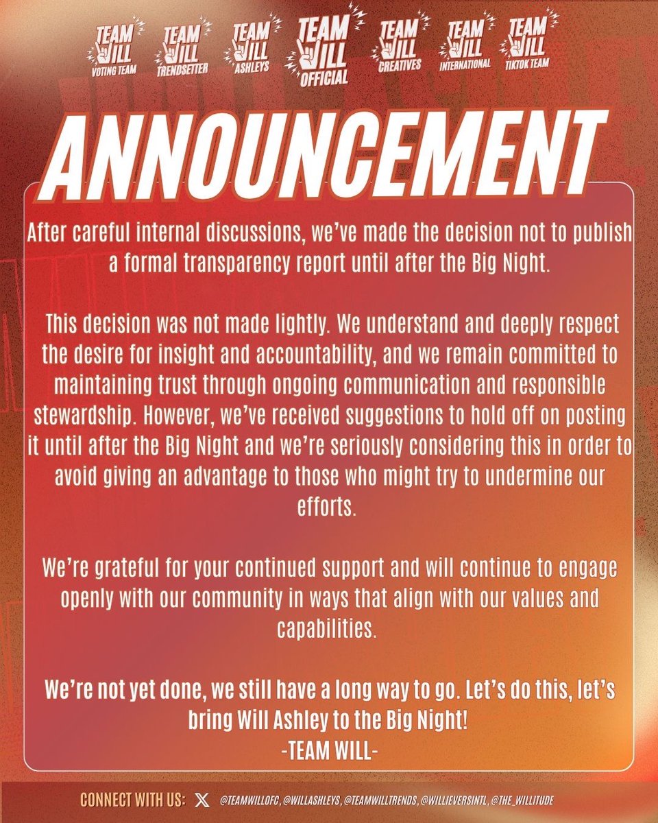 TeamWillOFC's tweet image. Hey, WILLievers! 👋🏼

We kindly ask everyone to take a moment to read this.

If you are a donor and would like to request a transparency report, you are more than welcome to do so.

Thank you for your continued support!