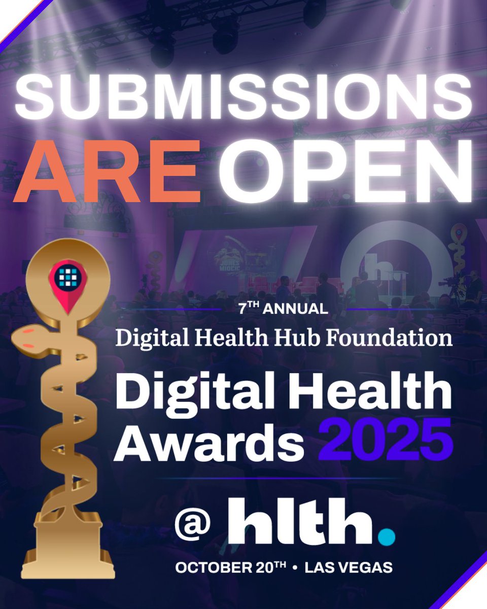 It's time! Submissions are open: digitalhealthhub.org/awards/2025/di…

Our awards at <a href="/HLTHEVENT/">HLTH</a> spotlight the most innovative health tech companies transforming healthcare. In 2025, we’re back with innovation-targeted categories, recognizing the companies making the biggest impact. 🚀