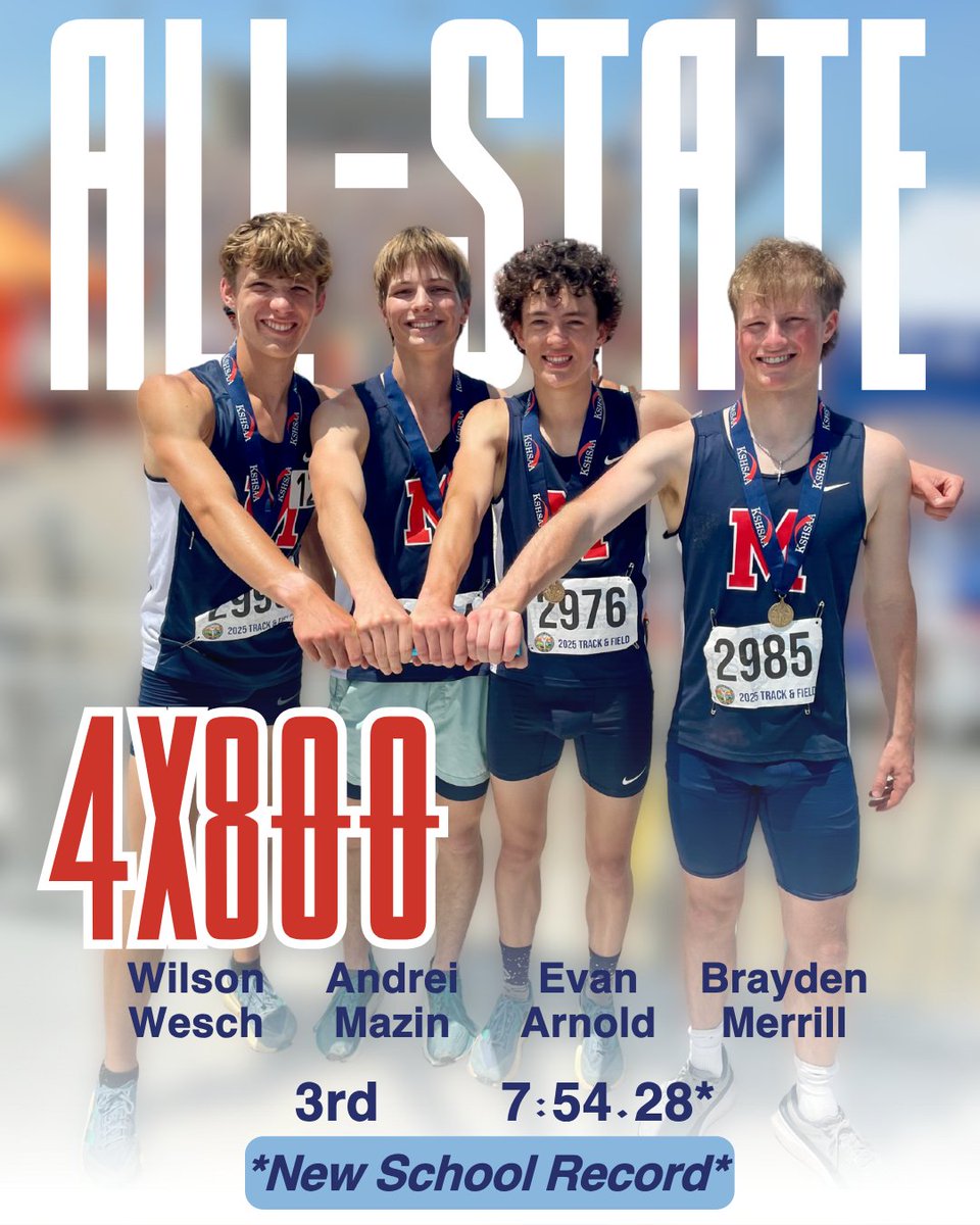 🔥 NEW SCHOOL RECORD 🔥
The Boys 4x800 Relay team torched the track with a time of 7:54.28, smashing a 2009 record of 7:56.63 set by Scott Nelson, Colin Rosenow, Reid Buchanan, and Kyle Thompson.
Legacy-level performance. #mhstf25