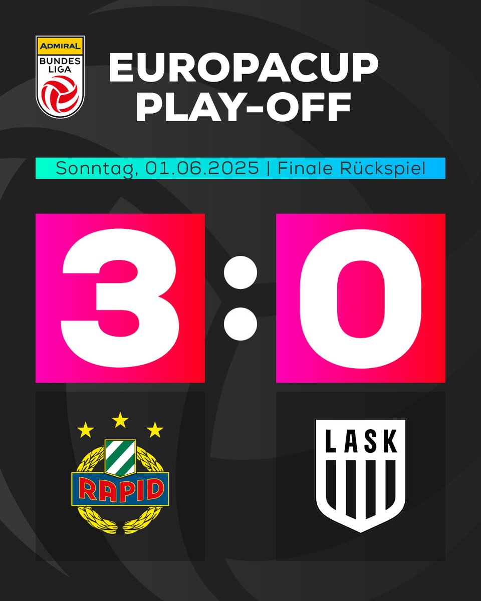 Rapid löst Europacup-Ticket! 🎟️🏆

Der SK Rapid dreht das Play-off-Duell gegen den LASK. 🟢 Somit gehen die Hütteldorfer in der nächsten Saison in der 2️⃣. Qualifikationsrunde der UEFA Conference League an den Start. 🔜 #AdmiralBL #Spieltag