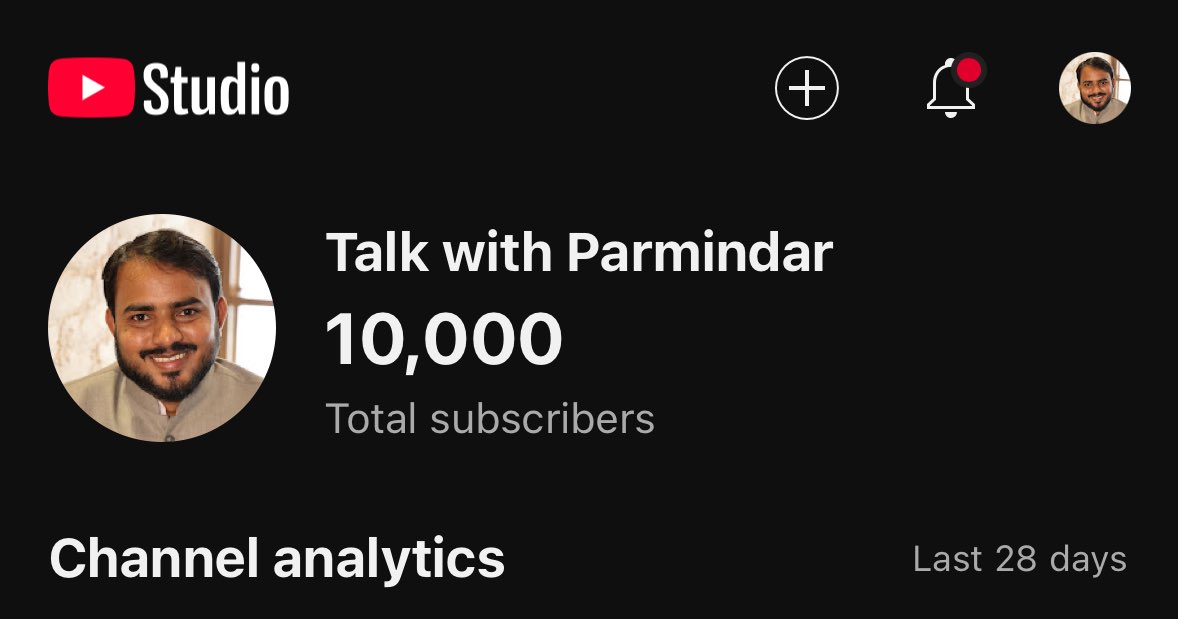 talk with parmindar यूट्यूब चैनल पर 10k का परिवार हो चुका है. आप सबकी मोहब्बतों का शुक्रगुजार हूँ. यह सफ़र आसान नहीं था. 

बहुत सारी घटनाओं ने निराश और हताश किया लेकिन मैं बहुत सारे दोस्तों का एहसानमंद हूँ. दो महीने में अब तक 13 लाख लोगों तक यूट्यूब पर पहुँच चुका हूँ. 

यूट्यूब