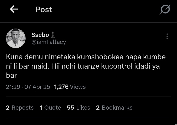 Sasa wewe beba tweet kama ilivyo kapige Bar Maid kavu alafu tukuzike na kilo 2 😂