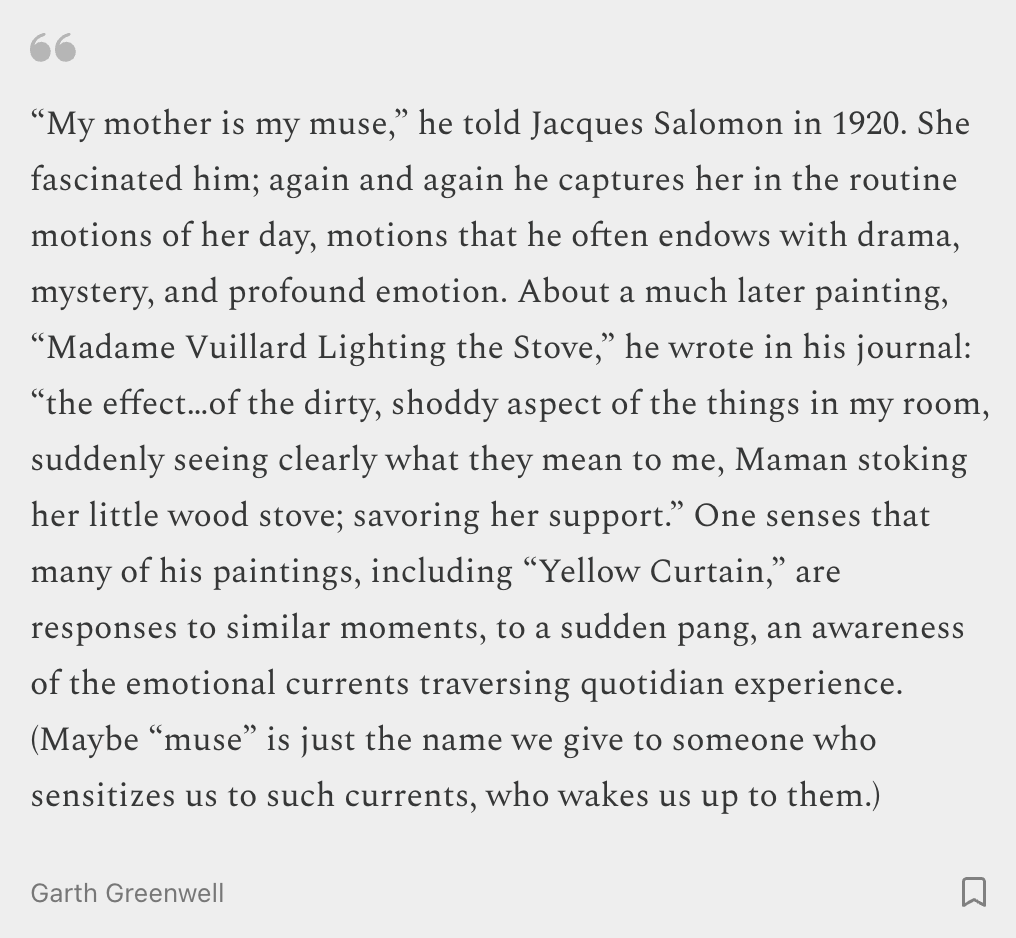 I wrote about Édouard Vuillard, who spent his life painting his mother again and again. Here are some thoughts on what it means to be a “muse.” Free post, no paywall. Link in profile.