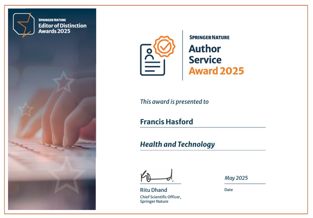 Francis Hasford (@haspee1) on Twitter photo Honoured to receive the Author Service Award from <a href="/SpringerNature/">Springer Nature</a> in recognition of my contributions to the editorial work for @HealthandTechnology journal. Heartfelt thanks to the editorial board, reviewers, authors, and Springer Nature team for the commitment to excellence. Honoured to receive the Author Service Award from <a href="/SpringerNature/">Springer Nature</a> in recognition of my contributions to the editorial work for @HealthandTechnology journal. Heartfelt thanks to the editorial board, reviewers, authors, and Springer Nature team for the commitment to excellence.