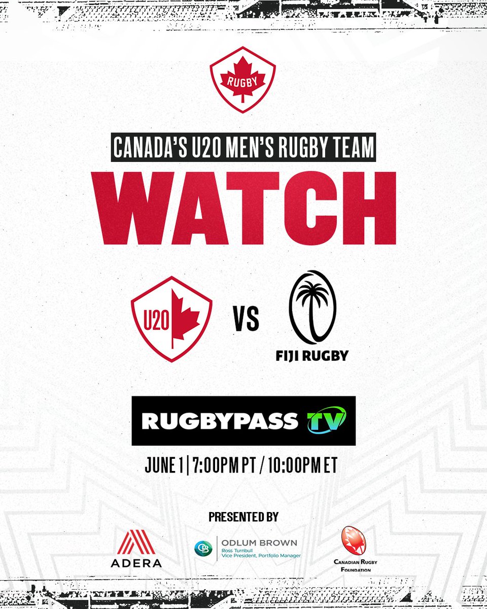 Rugby Canada (@rugbycanada) on Twitter photo Gearing up for Game Day in Fijiπ₯
Catch Canada's second match of the Oceania Rugby U20s Challenge against Fiji on RugbyPass TV at 7:00pm PT / 10:00pm ET (June 1) πΊ π»
#RugbyCA | #OneSquad | <a href="/AderaHome/">Adera Development</a> | <a href="/Odlum_Brown/">Odlum Brown</a> | <a href="/oceaniarugby/">Oceania Rugby</a> Gearing up for Game Day in Fijiπ₯
Catch Canada's second match of the Oceania Rugby U20s Challenge against Fiji on RugbyPass TV at 7:00pm PT / 10:00pm ET (June 1) πΊ π»
#RugbyCA | #OneSquad | <a href="/AderaHome/">Adera Development</a> | <a href="/Odlum_Brown/">Odlum Brown</a> | <a href="/oceaniarugby/">Oceania Rugby</a>