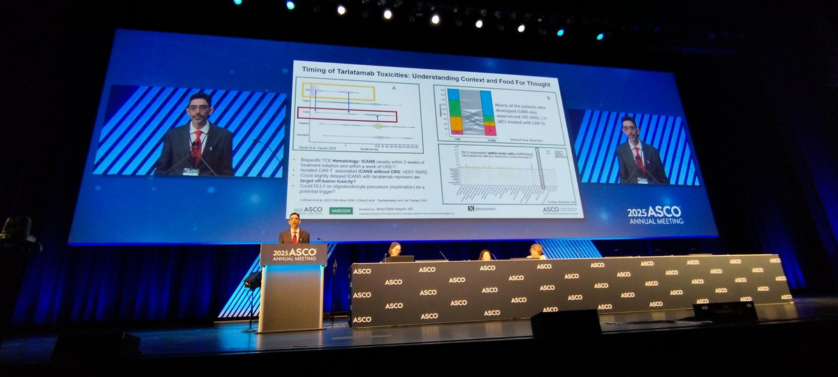 ACortelliniMD's tweet image. Amazing talk by @thenasheffect in a packed Arie Crown Theater at #ASCO2025 on dll3/cd3 bispecifics, how #CRS and #ICANS can cluster and on potential biomarkers for neurotox!
The bar has been raised and we need to learn how to deal with new tox @ASCO