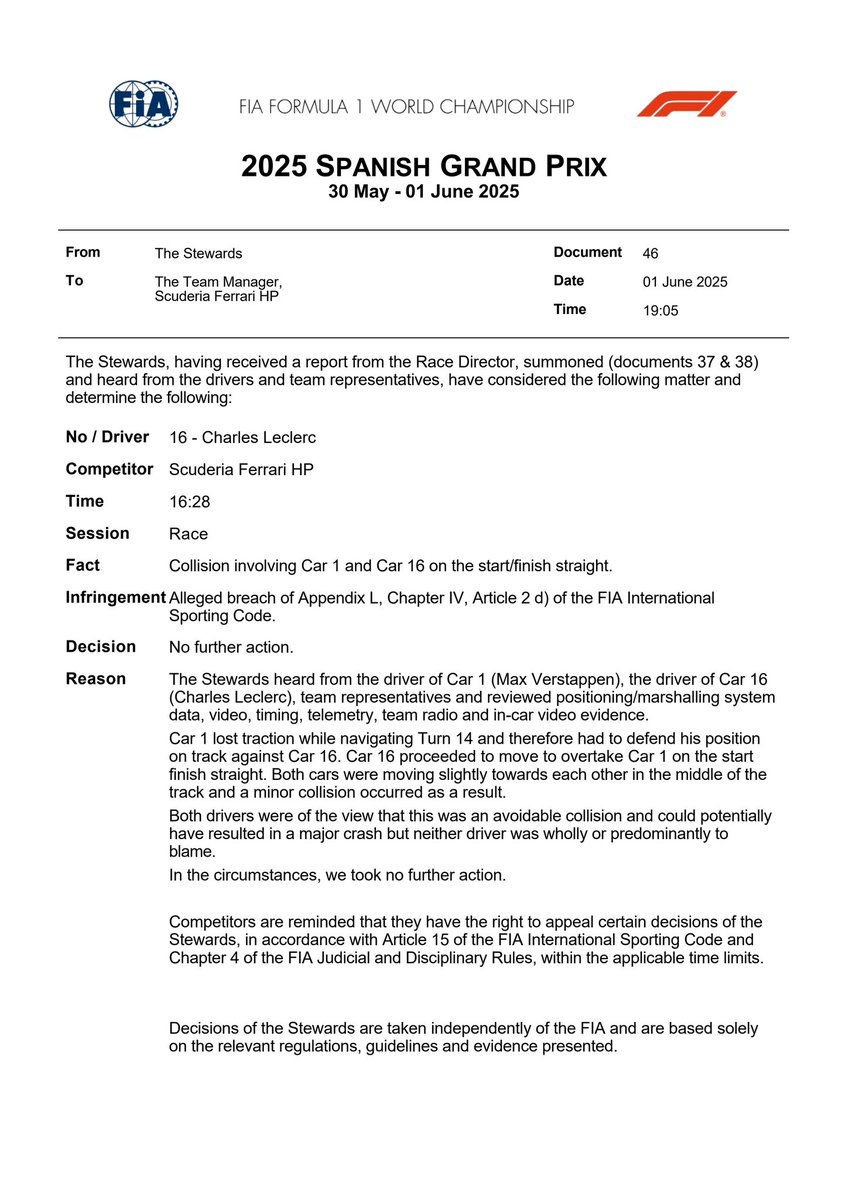Torts partagés, aucun fautif prédominant, donc Verstappen et Leclerc blanchis pour leur contact en ligne droite. #SpanishGP #F1