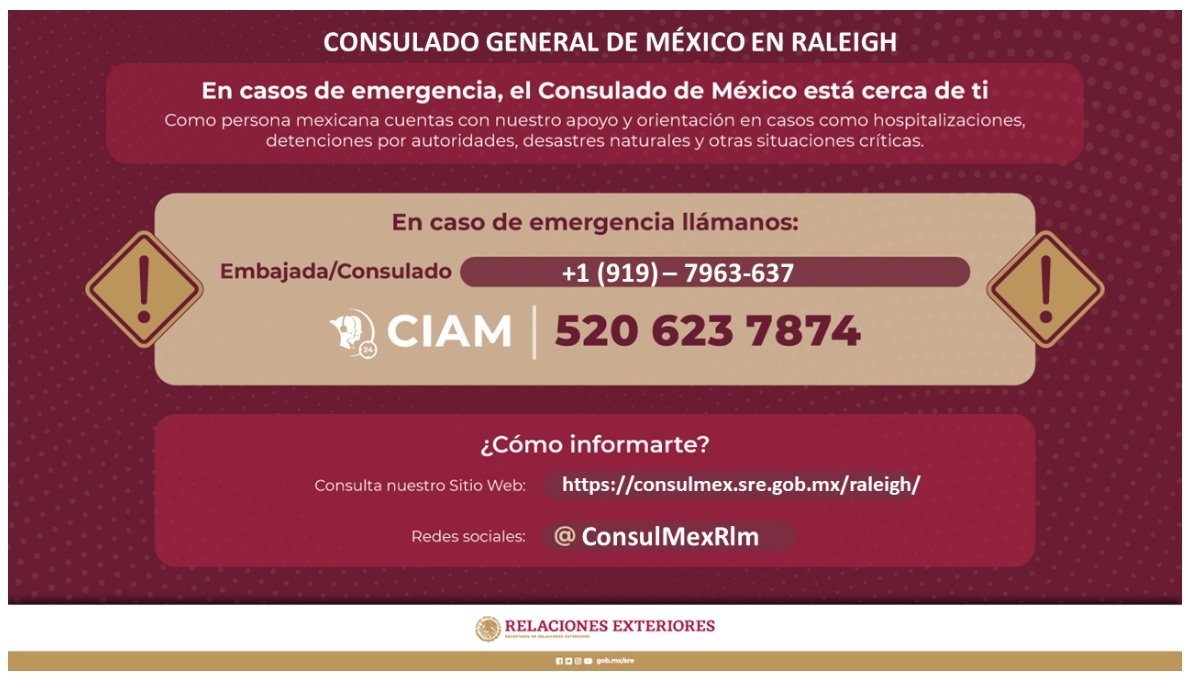 Consulmex Raleigh (@consulmexrlm) on Twitter photo La Oficina del Alguacil del Condado de Catawba en CN informó la muerte de una persona y al menos 12 heridas por arma de fuego
Para solicitar asistencia consular o informar de personas mexicanas afectadas marque al 919 796 3637 o al CIAM (24/7) al 520 623 7874
<a href="/SRE_mx/">Relaciones Exteriores</a>
<a href="/vcalva/">Vanessa Calva Ruiz (she/ella)</a> La Oficina del Alguacil del Condado de Catawba en CN informó la muerte de una persona y al menos 12 heridas por arma de fuego
Para solicitar asistencia consular o informar de personas mexicanas afectadas marque al 919 796 3637 o al CIAM (24/7) al 520 623 7874
<a href="/SRE_mx/">Relaciones Exteriores</a>
<a href="/vcalva/">Vanessa Calva Ruiz (she/ella)</a>