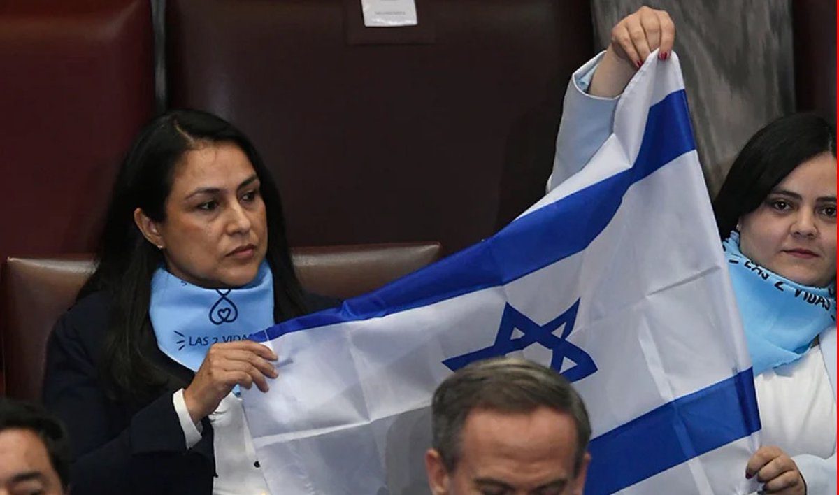 Dani_Cicardini's tweet photo. Pañuelo celeste al cuello y bandera de Israel en las manos. Defienden “la vida”, pero celebran a un Estado que asesina niños. Inconsecuencia total. #CuentaPública2025 https://t.co/Ps4NQH8sfJ