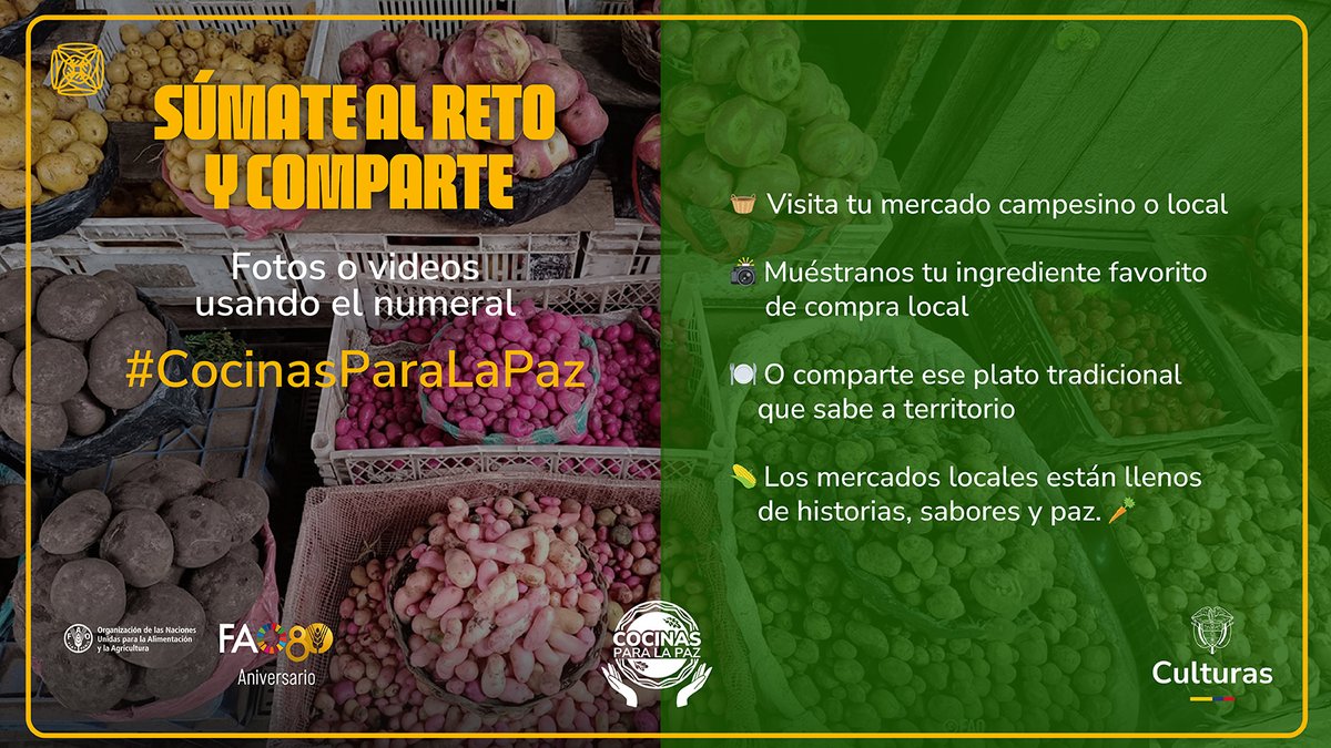 FAO Colombia (@fao_colombia) on Twitter photo ¡Súmate al reto! 🌽✨
Comparte tus fotos o videos usando el #CocinasParaLaPaz
🥕 Los mercados locales están llenos de historias, sabores y paz. 💛
<a href="/mincultura/">MinCultura Colombia</a> ¡Súmate al reto! 🌽✨
Comparte tus fotos o videos usando el #CocinasParaLaPaz
🥕 Los mercados locales están llenos de historias, sabores y paz. 💛
<a href="/mincultura/">MinCultura Colombia</a>