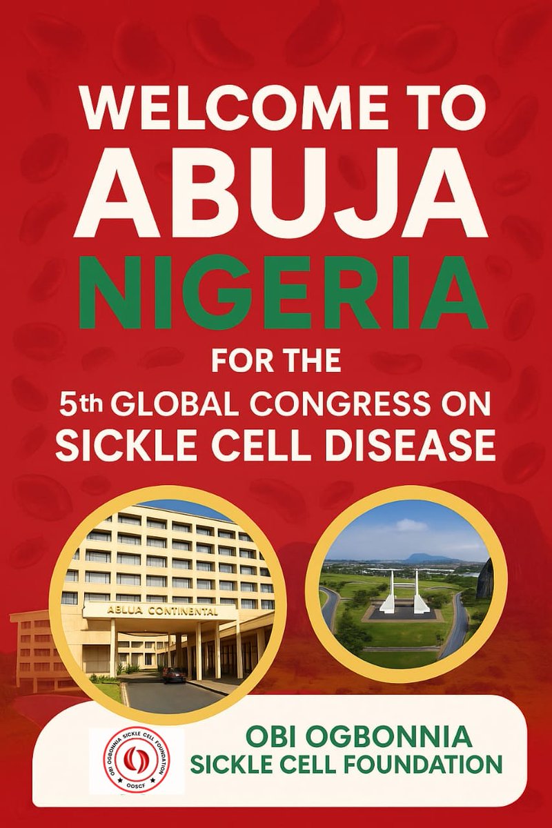 ooscf2024's tweet photo. 🌍 Welcome to Abuja, Nigeria! 🇳🇬
The Obi Ogbonnia Sickle Cell Foundation is proud to welcome delegates to the 5th Global Congress on Sickle Cell Disease, June 3–6, 2025.

Together, we say: #LeaveNoOneBehind 🩸
#SickleCellAwareness | #OOSCF2024 | #Abuja2025 | #GlobalHealth https://t.co/e5wFaJtHeT