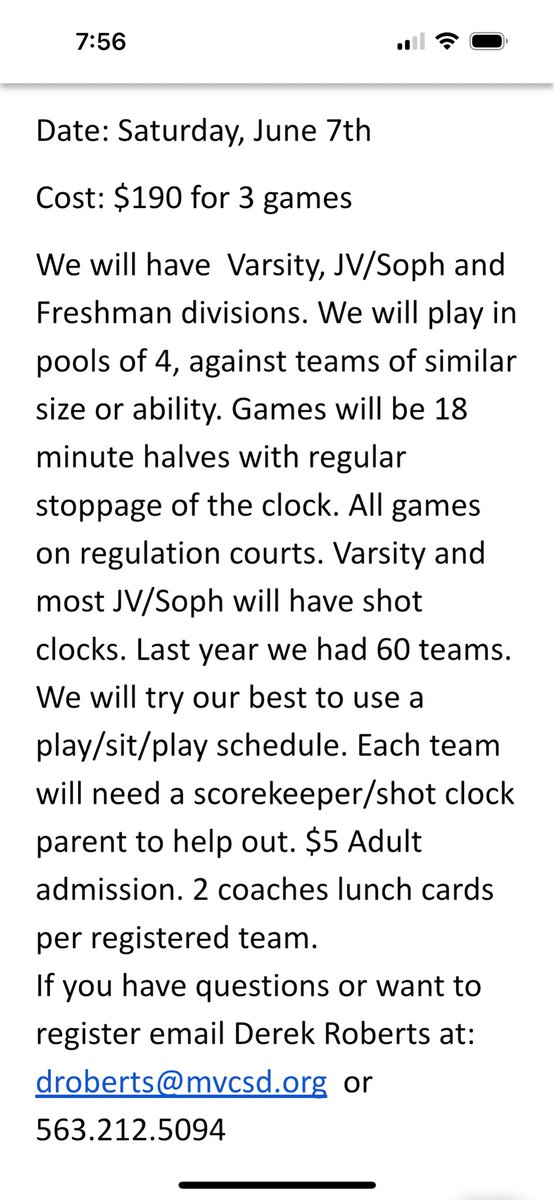 MV Shootout on June 7th still has 1 varsity and 2 JV/Soph openings. 
Info below: #iahsbkb 
Email droberts@mvcsd.org