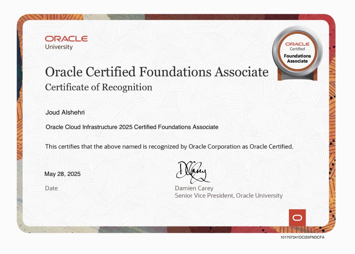 JA_shehri's tweet photo. اليوم بحمد الله انتهت رحلتي في #تحدي_رحلة_المستقبل المقدم من #oraclr والذي حصلت فيها على 3 شهادات في مجالات الذكاء الاصطناعي، البيانات، والبنية التحتية وكانت تجربة أكثر من رائعة✨
وكالعادة نهاية الرحلة هي مجرد بداية لمشوار أكبر بإذن الله 🤍
#AI #Data_platform #Infrastructure https://t.co/MlkcxAJdjC