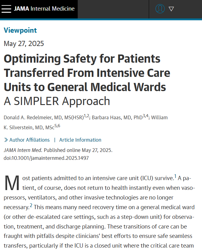 Viewpoint: Most ICU patients survive but need careful transitioning to general wards, and the SIMPLER checklist helps ensure safe transfers by addressing vital signs, medication review, and contingency planning. 

ja.ma/43nZgvG