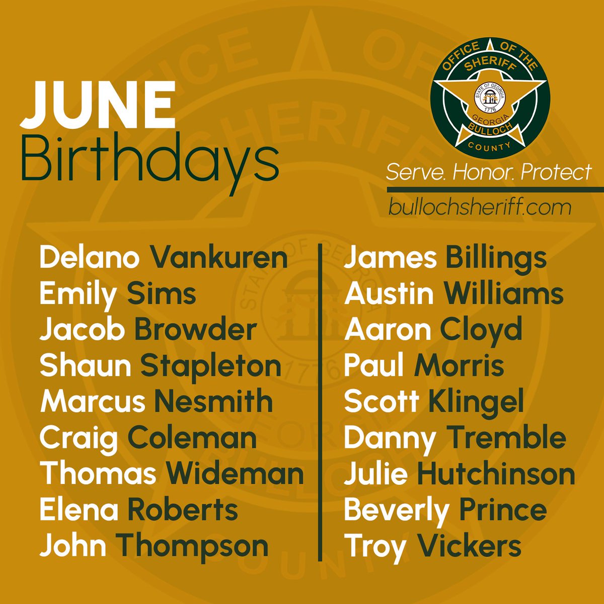 BullochSheriffs's tweet image. Wishing all of our June people a very Happy Birthday! We hope you have a fun and exciting birthday!🥳

#BCSO
#BullochCountySheriffsOffice