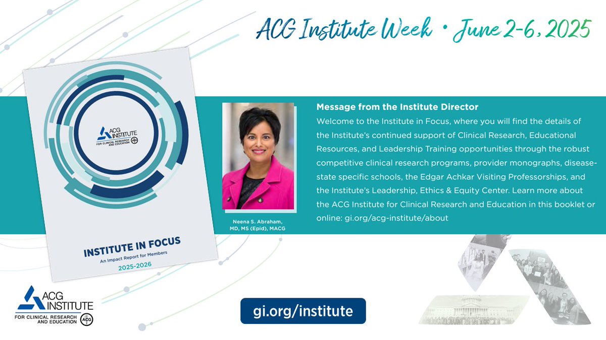 ACG (@amcollegegastro) on Twitter photo #ACGInstituteWeek starts tomorrow! Get to know the programs the Institute supports to advance GI clinical research, investigators, leadership & health equity.
Explore the NEW Institute In Focus to learn about upcoming opportunities!
➡️ bit.ly/acg-institute-…
<a href="/NeenaSAbrahamMD/">Neena S Abraham MD MACG FASGE AGAF</a> #ACGInstituteWeek starts tomorrow! Get to know the programs the Institute supports to advance GI clinical research, investigators, leadership & health equity.
Explore the NEW Institute In Focus to learn about upcoming opportunities!
➡️ bit.ly/acg-institute-…
<a href="/NeenaSAbrahamMD/">Neena S Abraham MD MACG FASGE AGAF</a>