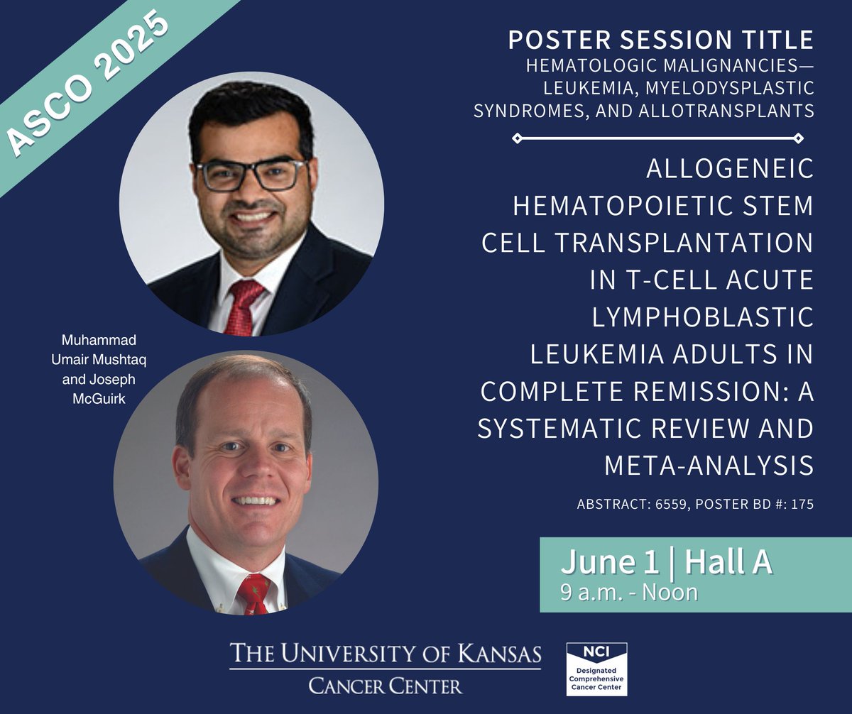 KU Cancer Center (@kucancercenter) on Twitter photo Hello #ASCO25 attendees! At 9 am, head over to Hall A where <a href="/mumairmushtaq/">Muhammad Umair Mushtaq (Abu Mikael)</a> and the <a href="/KUcancercenter/">KU Cancer Center</a> team are presenting âAllogeneic hematopoietic stem cell transplantation in T-cell acute lymphoblastic leukemia adults in complete remission: A systematic review and meta-analysis.â Hello #ASCO25 attendees! At 9 am, head over to Hall A where <a href="/mumairmushtaq/">Muhammad Umair Mushtaq (Abu Mikael)</a> and the <a href="/KUcancercenter/">KU Cancer Center</a> team are presenting âAllogeneic hematopoietic stem cell transplantation in T-cell acute lymphoblastic leukemia adults in complete remission: A systematic review and meta-analysis.â