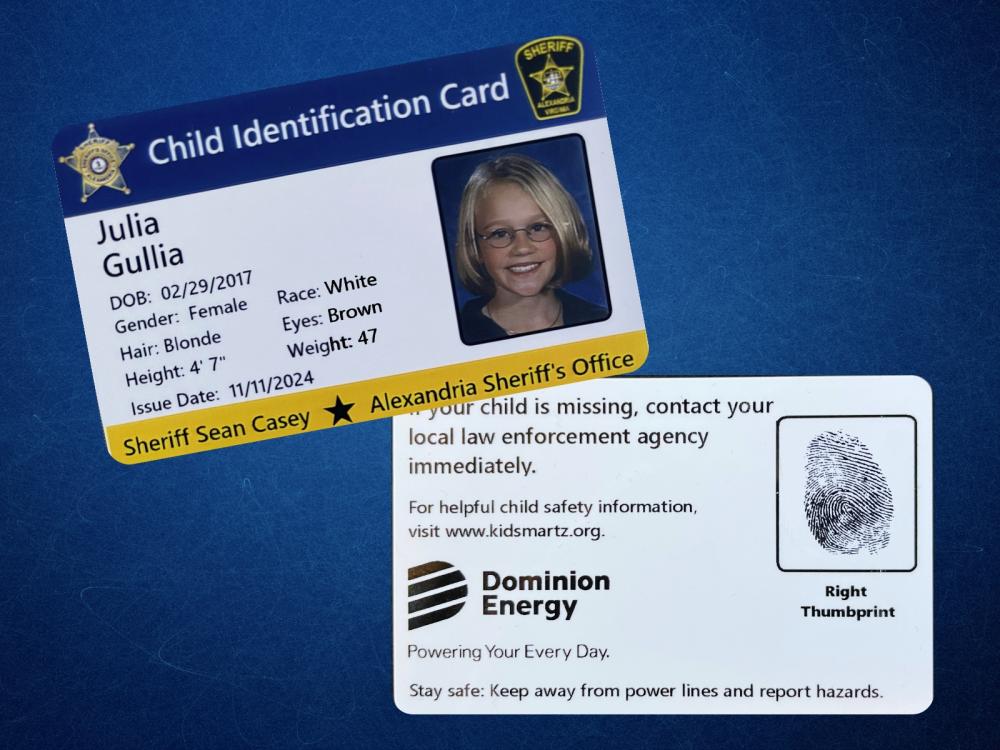 Sheriffs Institute (@vsinstitute) on Twitter photo The <a href="/AlexVASheriff/">Alexandria Sheriff</a> is offering free child photo ID cards at community events – giving families an extra layer of safety. Each card includes a photo, key personal info, and a digital fingerprint that can assist authorities in an emergency.
zurl.co/jZPff The <a href="/AlexVASheriff/">Alexandria Sheriff</a> is offering free child photo ID cards at community events – giving families an extra layer of safety. Each card includes a photo, key personal info, and a digital fingerprint that can assist authorities in an emergency.
zurl.co/jZPff