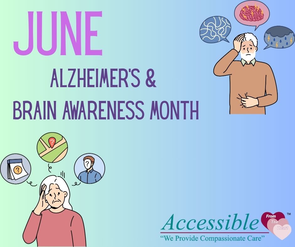 Caring for someone with Alzheimer's? You're not alone. ❤️ This Alzheimer's &amp; Brain Awareness Month, remember that support is available. Learn how we can help. accessiblehomehealthcare.com #AlzheimersSupport #HomeCare #CaregiverSupport #BrainHealth