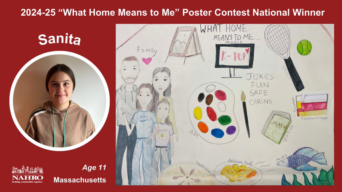 NAHROnational's tweet photo. Meet Sanita (age 11) from Massachusetts, NAHRO's 2024-25 #WhatHomeMeanstoMe poster contest winner featured in our calendar for June!

Interested in participating in this year's poster contest? All entries start at the state or regional level. Learn more: https://t.co/F4TWd9Rri2 https://t.co/MHeAdkaBgO