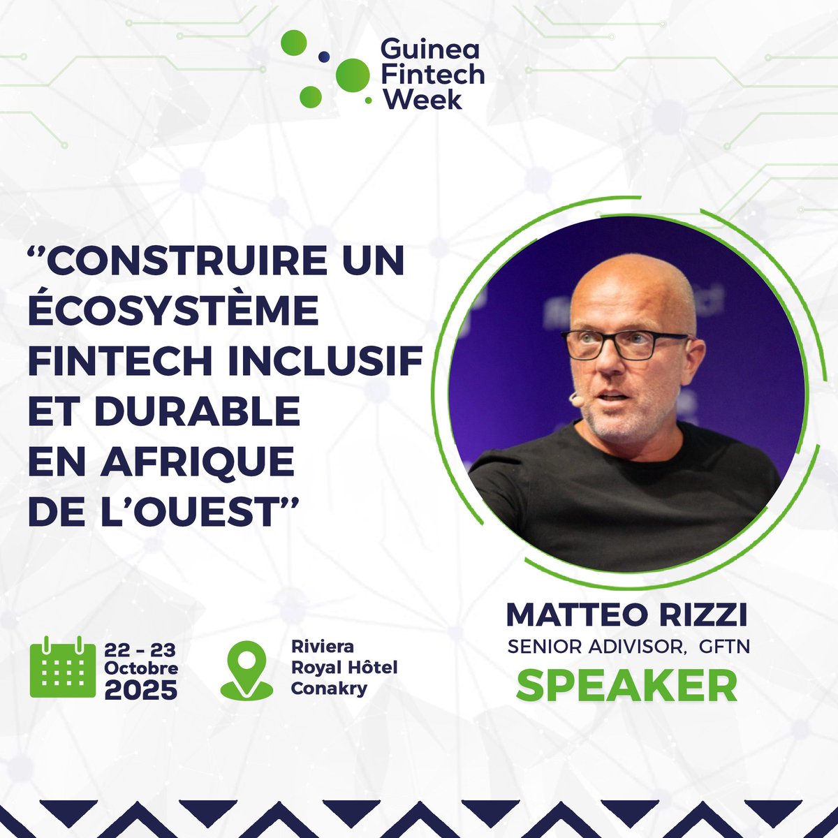 Matteo Rizzi to speak at #GuineaFintechWeek 2025! 📍 Conakry | 🗓 Oct 22–23 🎙 “Inclusive &amp; sustainable fintech in West Africa”
🎟 Register now 👉 vitemonbillet-gn.com/event/4
#GFW2025 #Fintech #Africa #MatteoRizzi