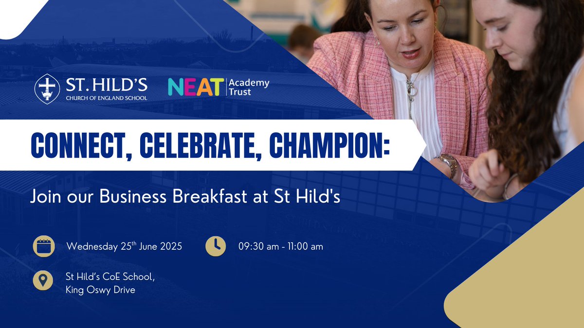 At NEAT, we understand that the path to exploring work begins early! Join us for a Business Breakfast at St Hild's C of E School on June 25. A chance for local businesses and staff to connect &amp; explore ways we can support our pupils future success.  
shorturl.at/Jb4iQ