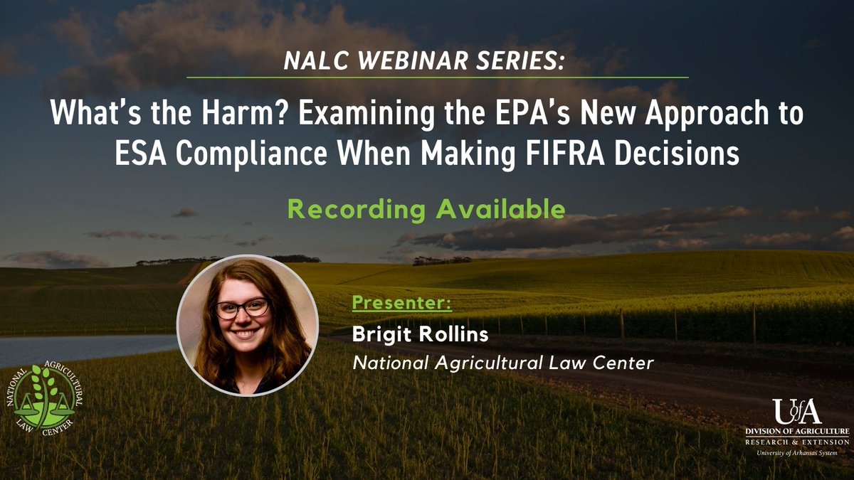 nataglaw's tweet image. Learn about #FIFRA, the primary law regulating #pesticides, and the #ESA, the main law protecting endangered species. Learn how they work together in this 2024 webinar recording, given by NALC’s own Brigit Rollin. nationalaglawcenter.org/webinars/epa-f…
