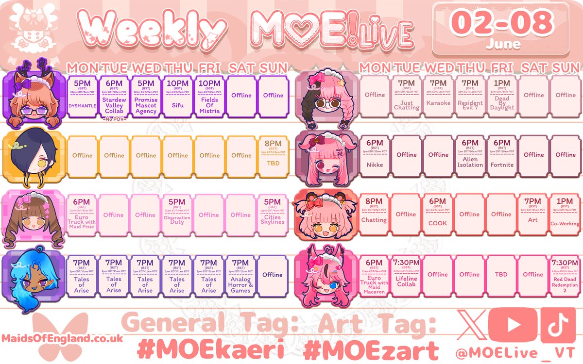 ꔫMOE!Live Weeklyꔫ
2nd June - 8th June
Happy June MOEtakus! Maid Moog will be starting her charity month streams for Pride month and Fangy will be wrapping up Promise Mascot Agency!
#MOEkaeri