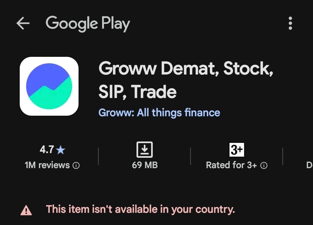 DeepPadiyar's tweet photo. @_groww Hi Groww,

Why ur app not available outside india? https://t.co/d3tSi9js7y