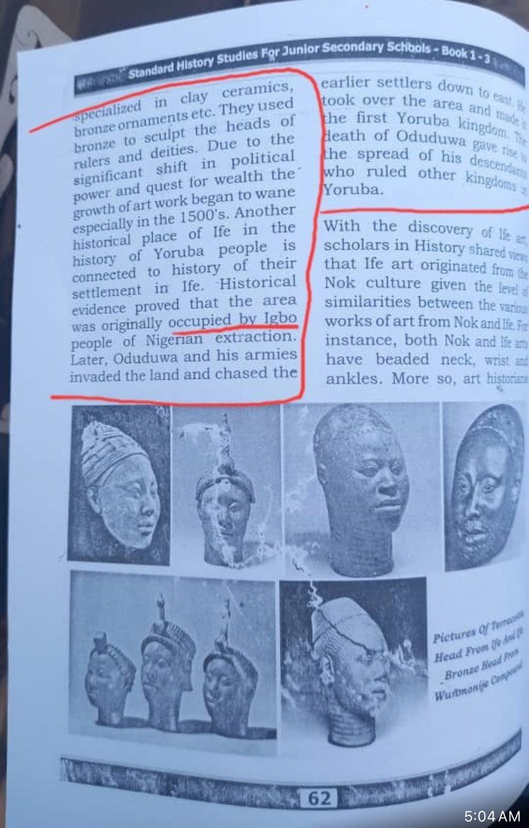 PouvoirCivique's tweet photo. Yoruba history is under siege, not by ignorance, but by a calculated ethnic agenda.

A false claim is being pushed: that the Igbo people founded Ile-Ife and were later chased out by Oduduwa. It’s not on Facebook. It’s in school textbooks.

In Standard History Studies for JSS 1–3 by Tony Duru & Ijeoma Duru, allegedly approved by NERDC, students are being taught that Ife was originally occupied by Igbos until they were “invaded” by Oduduwa.

In The Igbo: People, History and Worldview by Dons Eze & Chinedu Ochinanwata, they go even further: claiming the Yoruba monarchy is built on Igbo spiritual systems, that Oduduwa overthrew a peaceful Igbo order, and that modern Ife is a hybrid of stolen identity.

This is not academic. This is an ethnic hijack of history.

Let it be said clearly:
Ile-Ife is the cradle of Yoruba civilization.
It was not founded by the Igbo.
It was not inherited.
It was not conquered.
And no amount of repackaged fiction will change that.

There is no archaeological, linguistic, cultural, or oral record, Yoruba or foreign, that supports this Igbo-conquest fantasy. What we have is a disturbing effort to reposition one ethnic group as the origin of another’s ancestral city. That is not scholarship. It is historical vandalism.

NERDC must be held to account.
Who approved this lie for Nigerian schools?
Where are the Yoruba historians in the review process?
Why is national history being rewritten to glorify one group at the expense of another?

If the roles were reversed, there would be protests.
We must not be polite about this.
Silence is complicity.

Yoruba elders, intellectuals, and cultural bodies must act now — before our children grow up believing that the sacred city of their ancestors was merely an outpost of Igbo migrants.

This isn’t a debate. It’s a line in the sand.

WE WILL NO LONGER ACCEPT THIS

@NhrcNigeria
@NigEducation
@followlasg 
@jidesanwoolu 
@DapoAbiodunCON 
@seyilaw1