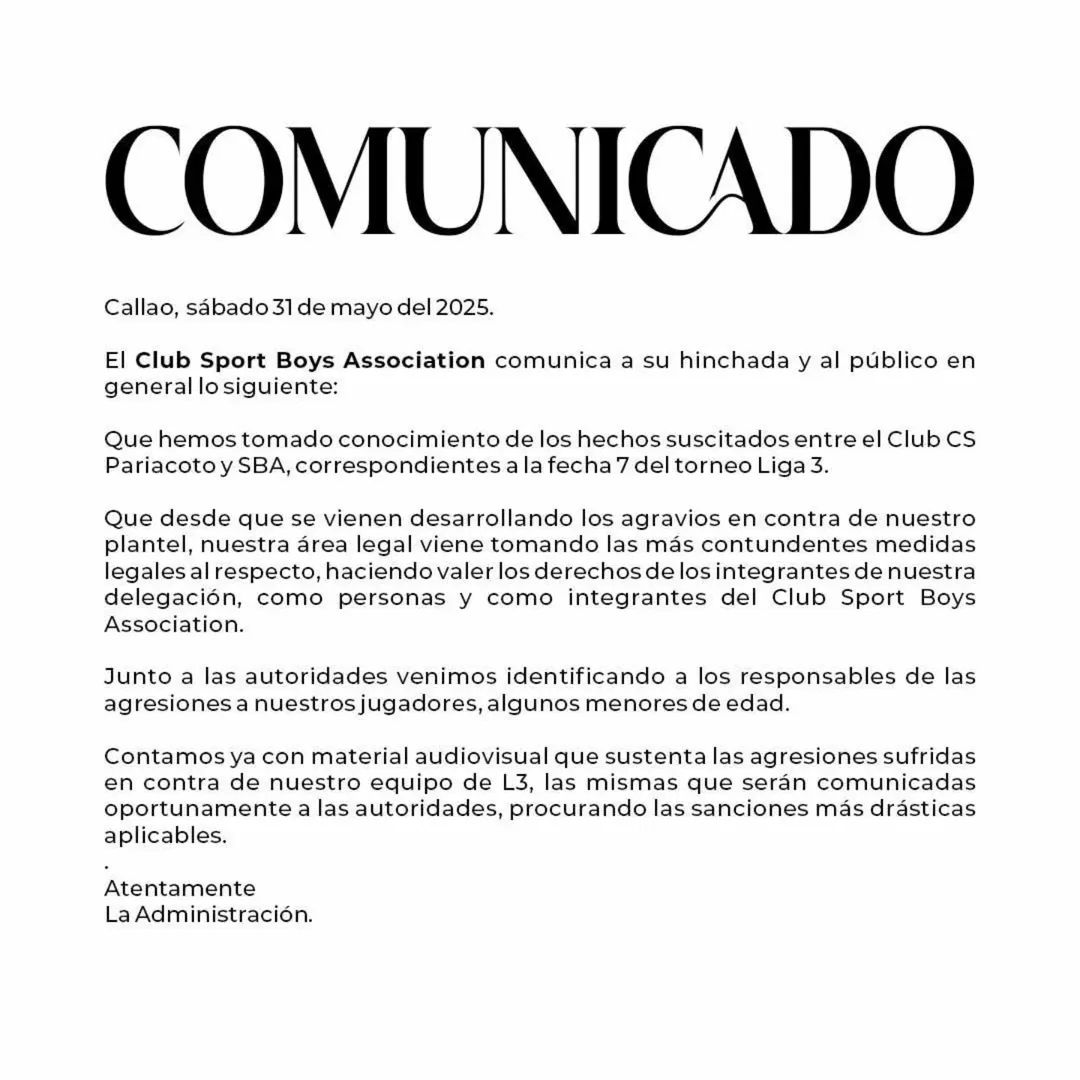 Comunicado emitido por el Club <a href="/sportboys/">Club Sport Boys Association</a> tras lo sucedido en Casma.
Esperemos que alla una conferencia de prensa, para hacer sentir nuestra indignación sobre lo ocurrido y alzar nuestra voz de protesta, no que quede en un comunicado
#AlBoysSeRespeta
#Liga3EsFamilia