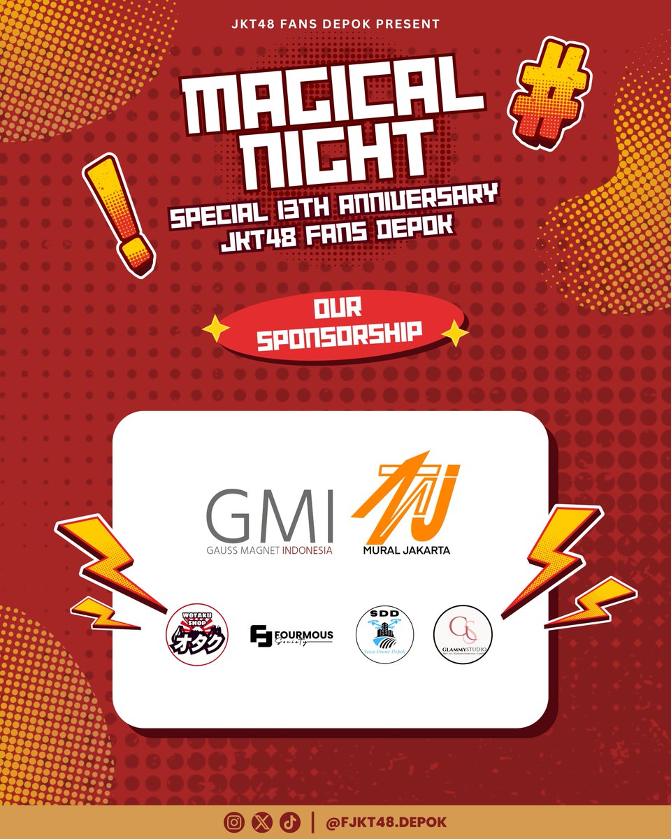 Bukan cuma kita yang excited, para sponsor keren ini juga turut meramaikan Magical Night - 13th Anniversary JKT48 Fans Depok!

Yuk kenalan sama para sponsor kita diatas!

#MagicalNight
#FJKT48Depok13thAnniversary
#JKT48
#FJKT48
#FJKT48Depok
#JKT48FansDepok
#FansJKT48Depok