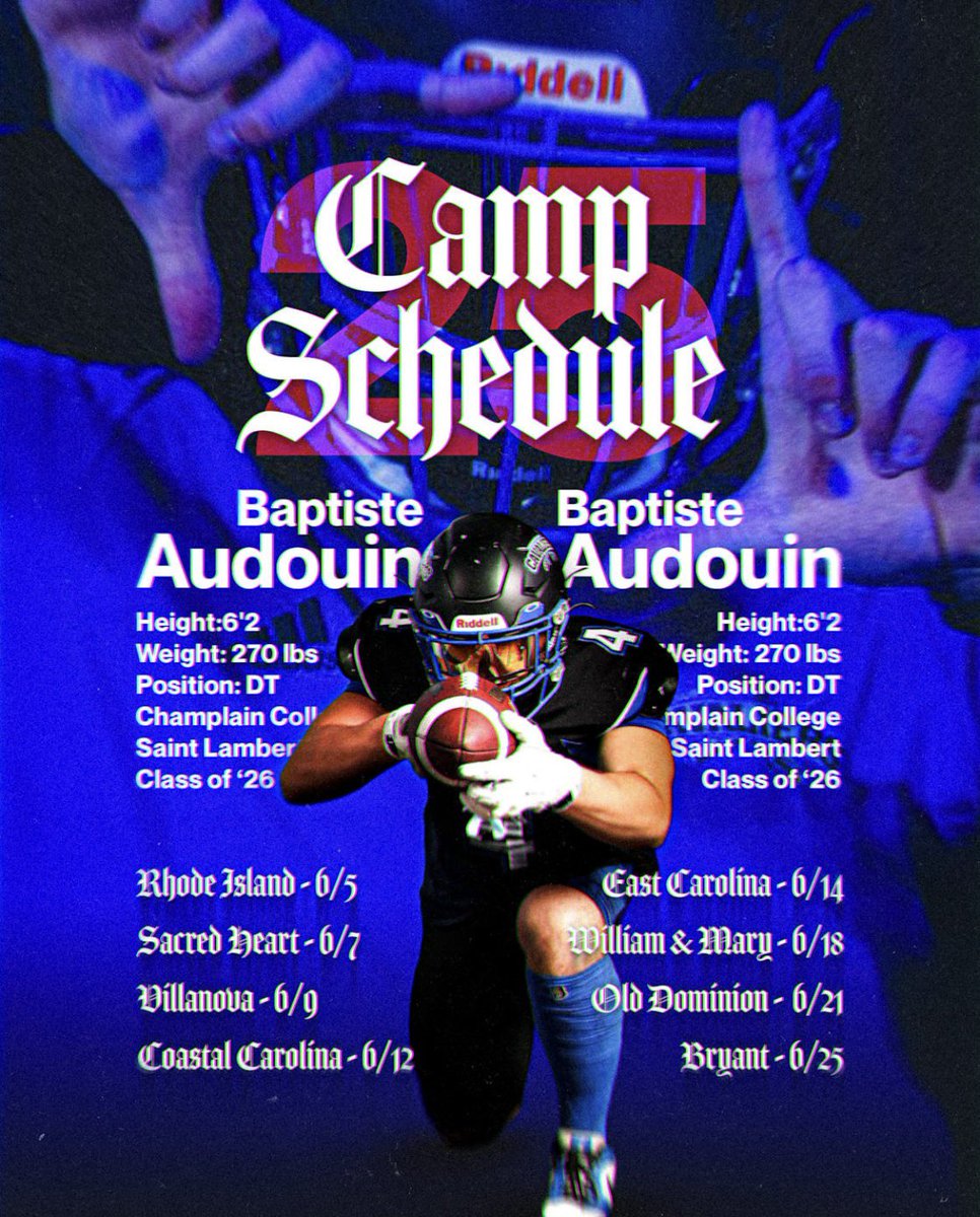 Baptiste Audouin (@audouin_ba) on Twitter photo Blessed to be releasing my camp schedule ‼️
Coming to LEARN and DOMINATE
First stop: Rhode Island on June 5th📍
<a href="/CoachRMcCormack/">Ryan P. McCormack, Director of Scouting</a> <a href="/LazardMarcell/">Marcell Lazard</a> <a href="/ChrisLorenti/">Chris Lorenti</a> <a href="/CoachFilsAime/">Coach John Fils-Aime 🇭🇹</a> Blessed to be releasing my camp schedule ‼️
Coming to LEARN and DOMINATE
First stop: Rhode Island on June 5th📍
<a href="/CoachRMcCormack/">Ryan P. McCormack, Director of Scouting</a> <a href="/LazardMarcell/">Marcell Lazard</a> <a href="/ChrisLorenti/">Chris Lorenti</a> <a href="/CoachFilsAime/">Coach John Fils-Aime 🇭🇹</a>